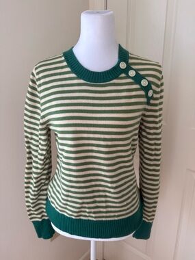 Banana Republic Italian Merino Wool Sweater Green White Striped Button Shoulder
